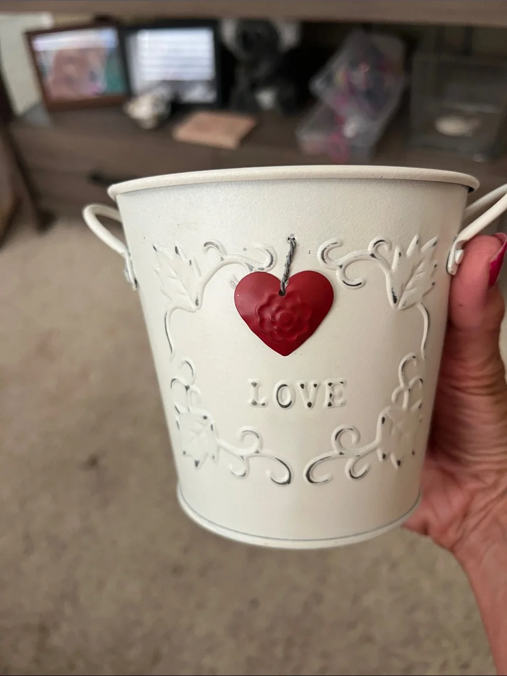 Cream 'Love' Decorative Metal Planter with Red Heart Accent